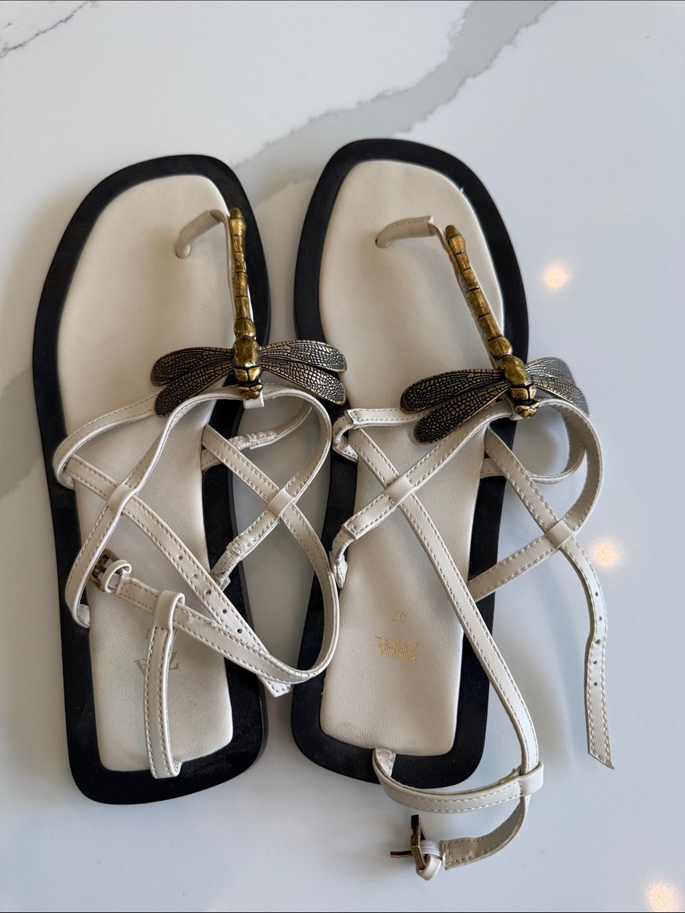 Zara White Strappy Sandals with Gold Dragonfly Accent
